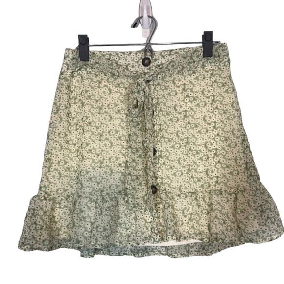 MIAMI Green Multicolor Floral Button Front Ruffle Mini Skirt Women Sz M - Picture 1 of 10